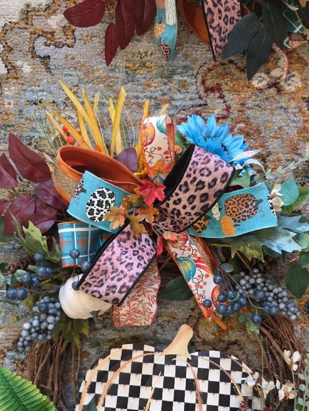 Handcrafted Blue & Teal Floral Fall Wreath with Black & White Check Pumpkin